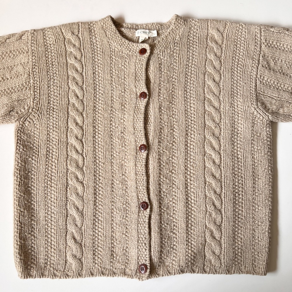 Vintage J.Crew Fisherman Cardigan Sweater Shetland Wool Boxy Cable Knit Large - Picture 6 of 10